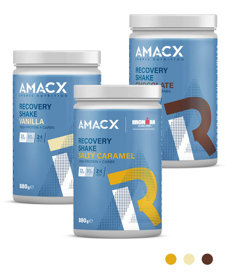 Amacx Recovery Shake tubs in three flavours